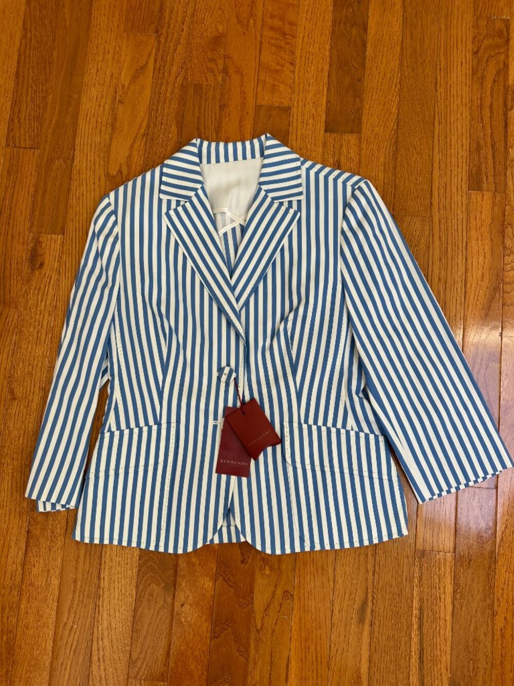 Burberry Blue and White Striped Blazer Jacket